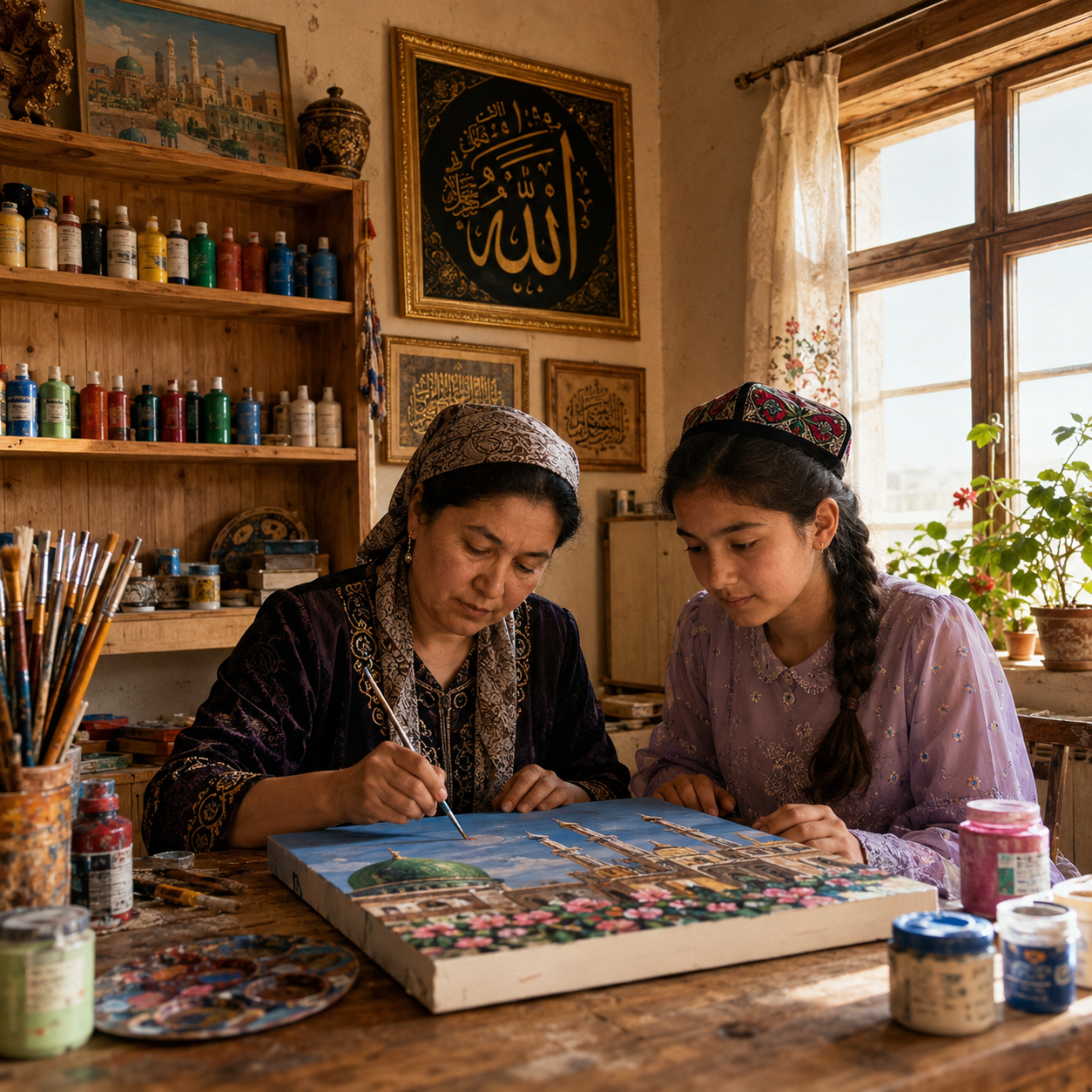 عائلة إيغورية مسلمة تصنع طقم الرسم