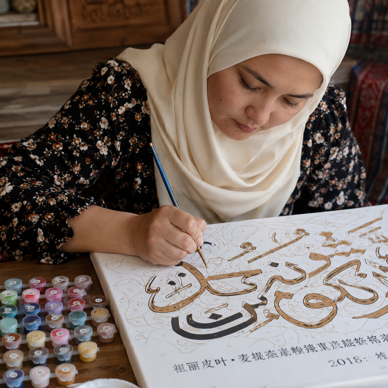 امرأة إيغورية تصنع لوحة الرسم بالأرقام